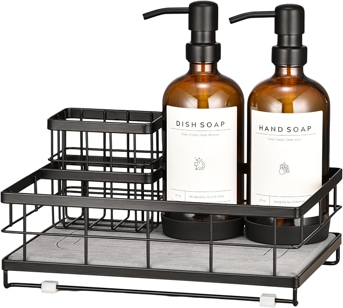 [Extra Large] Kitchen Soap Dispenser Set, 2 Glass Dish Soap Dispensers with Stainless Steel Pumps, Quick-Dry Stone Tray, Sink Caddy Organizer with Sponge Holder, All-in-One Countertop Organization Set