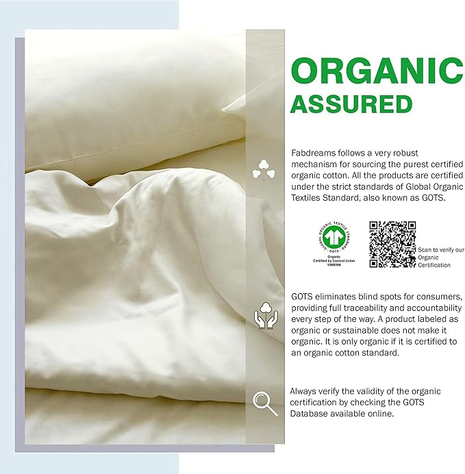 Fabdreams GOTS Certified 100% Organic Cotton Duvet Cover Queen Size - 400 TC Sateen - Soft - Silky - Button Closure - Edge Ties - 1 Duvet Cover (90"x92")+2 Pillow Shams (20"x26") - Ivory