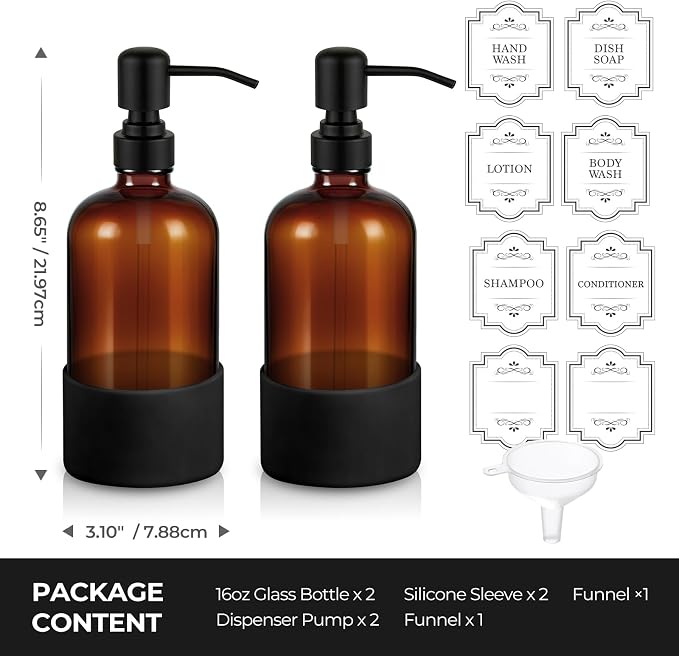 16 oz Hand and Dish Soap Dispenser Set for Kitchen and Bathroom, 500ml Amber Glass Soap Dispenser with Stainless Steel Pump, Non-Slip Silicone Sleeves, Labels - 2 Pack