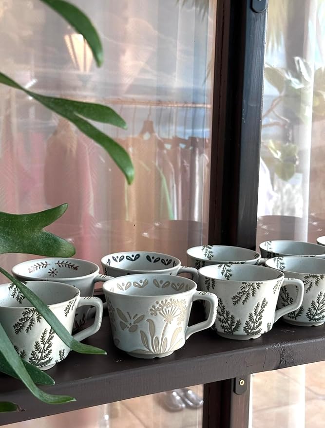 Handmade 12oz Coffee Mugs, Ceramic Coffee Mugs with Leaves Patterns for Man, Woman Modern Coffee Mug for Latte Cappuccino Cocoa, Dishwasher Microwave Safe, Stoneware Cup, Special Gifts, Lavender