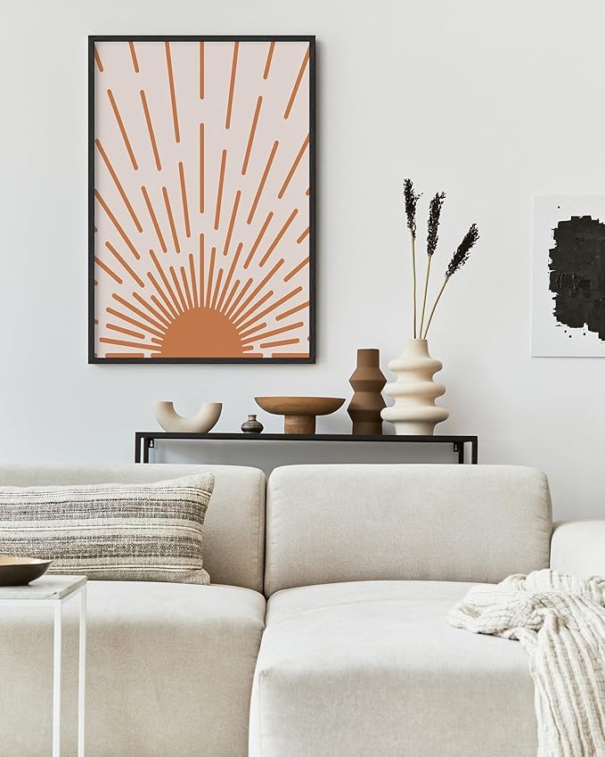 Minimalist Sunburst Wall Art Abstract Geometric Arch Earth Tones Terracotta Mid Century Modern 24x36 Inch Oak Wood Black Framed Boho Sunrise Print for Bedroom Living Room Decor