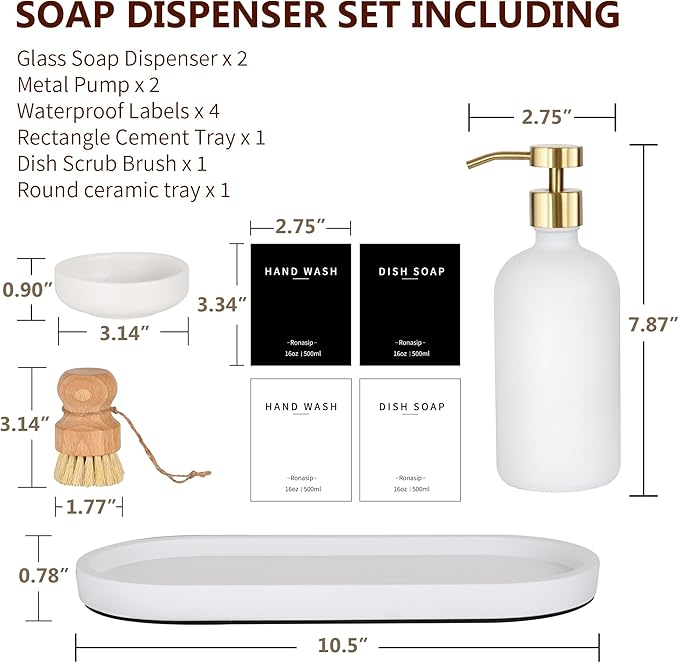 Ronasip Set of 5 Kitchen Soap Dispenser Set 16 Oz Glass Hand Dish Soap Dispenser with Stainless Steel Pump, Cement Tray, Dish Scrub Brush for Farmhouse Rustic Home Bathroom Decor (White)