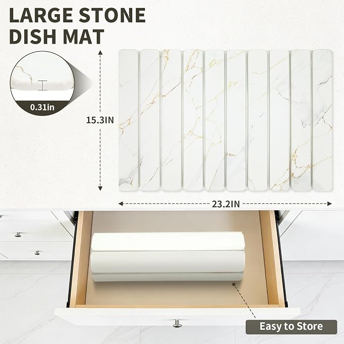 2 PCS White Marble Dish Drying Mat for Kitchen Counter, Diatomaceous Earth Stone Drying Mat, Foldable Quick-Dry Placemat Dishes Cups Utensils, stone drying mat for kitchen counter（20"×14" & 8"x4"）
