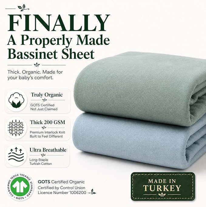 GOTS Organic Bassinet Sheets Compatible with Halo BassiNest Swivel Sleeper, 4moms mamaRoo Sleep Bassinet, Pure Ultra Soft Turkish Organic Cotton