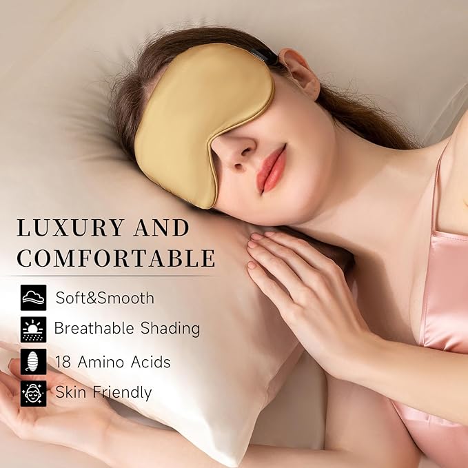 THXSILK Sleep Mask 100% 19 Momme Pure Mulberry Silk Super Smooth Cooling Sleep Eye Mask Blackout for Women/Man/Kids Eye Cover with Wide Head Strap Good Night Sleep Comfortable Travel Nap Metallic Gold