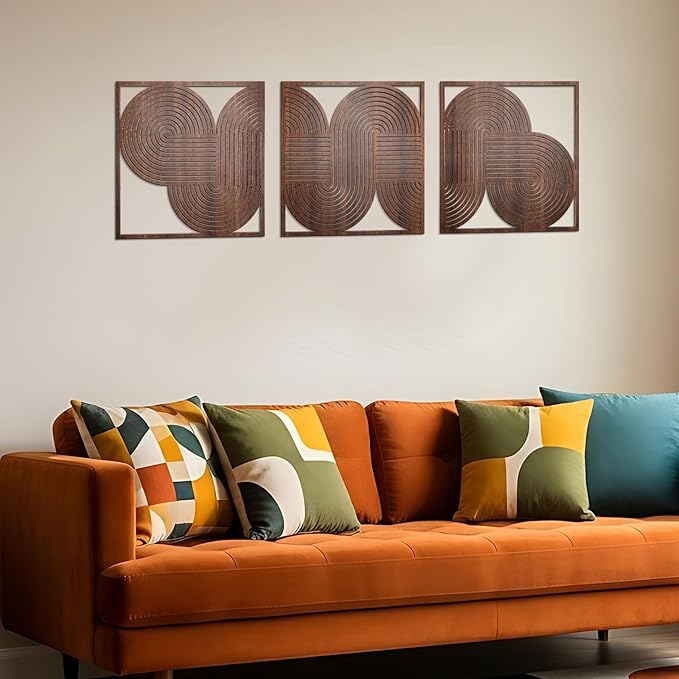 Yerliker 3 Pcs Mid Century Modern Wood Wall Art Decorations 3D Geometric Abstract Wall Sculpture for Living Room Bedroom Office Minimalist Aesthetic(Mid-century,11.81 x 11.81 x 1.97 Inch)