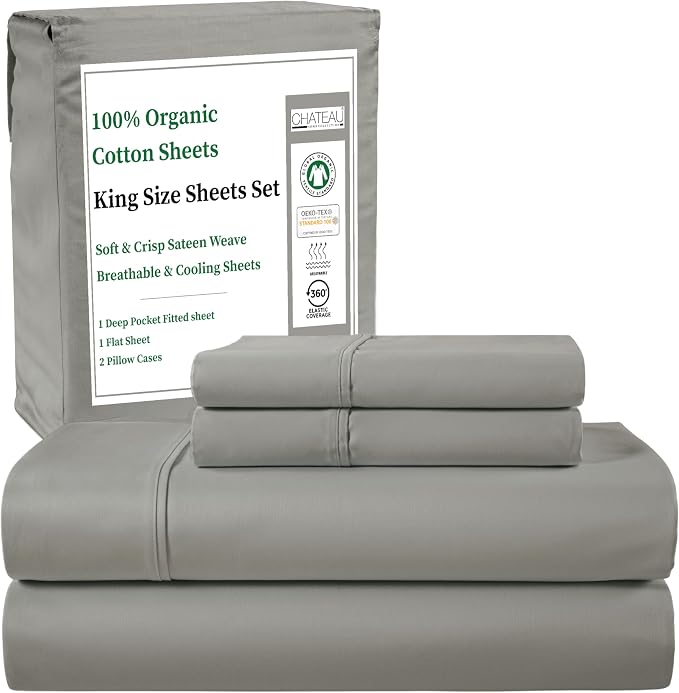 100% Cotton Sheets King Size Sheets Set, 15" Deep Pocket King Sheet Set, Sateen Weave Luxury Hotel Sheets, Naturally Cool Long Staple Organic Cotton, No Pilling & Shrink - Silver