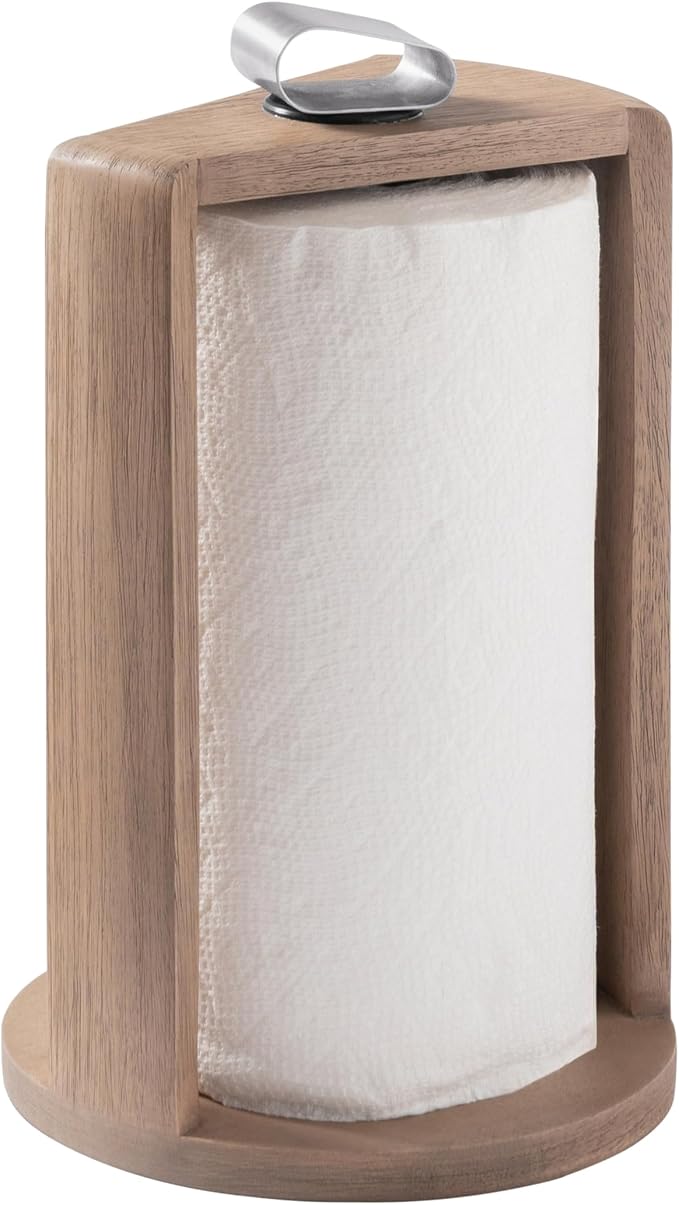 Anji Mountain Wooden Paper Towel Holder with Iron Holder, Holder Stand for Kitchen Roll Organizer & Kitchen Dining Table Home Décor, Countertop Fits Jumbo & Mega Rolls - Biscotti/Nickel, Top Load