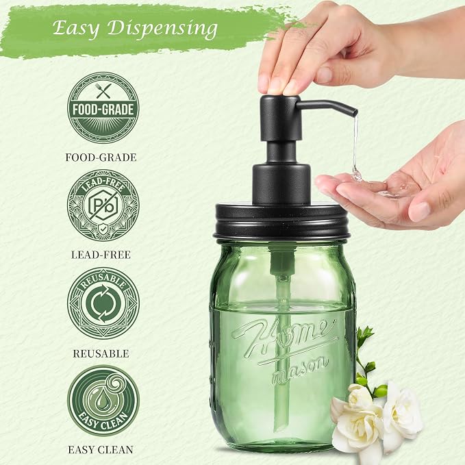 Amolliar 16OZ Green Glass Mason Jar Liquid Soap Dispenser Bundle With Amber Glass Qtip Holder, Apothecary Jars with Matte Black Metal Lid & Stickers-Bathroom Qtip Dispenser Storage Organizer Set