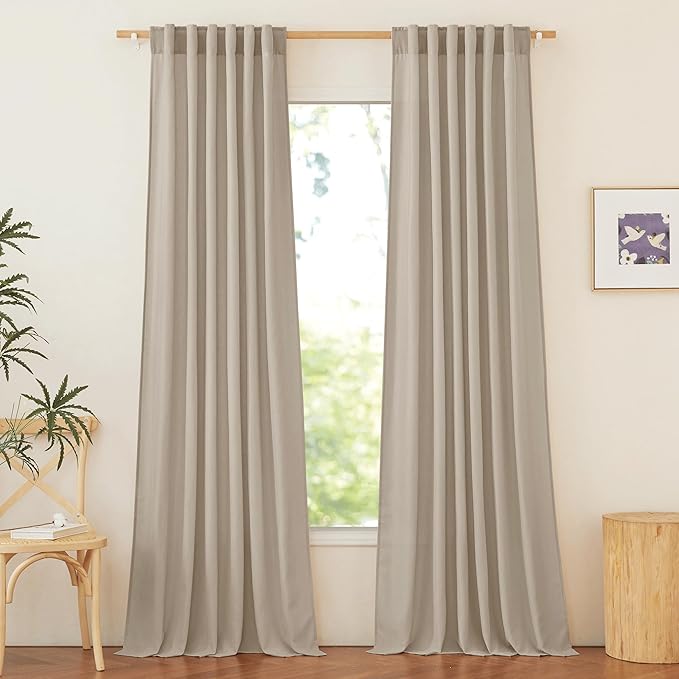 NICETOWN Thick Linen Camel Curtains 95 inches Long, Rod Pocket & Back Tab Flax Linen Weave with Light Filtering Window Treatments Privacy Assured for Living Room, W55 x L95, 2 Panels