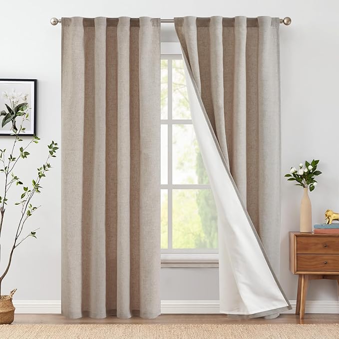 jinchan Linen Curtains with Privacy Lining 90 inch Length Lined Curtains for Living Room Bedroom Light Filtering Taupe Drapes Neutral Farmhouse Cottage Core Home Office Rod Pocket Back Tab 2 Panels