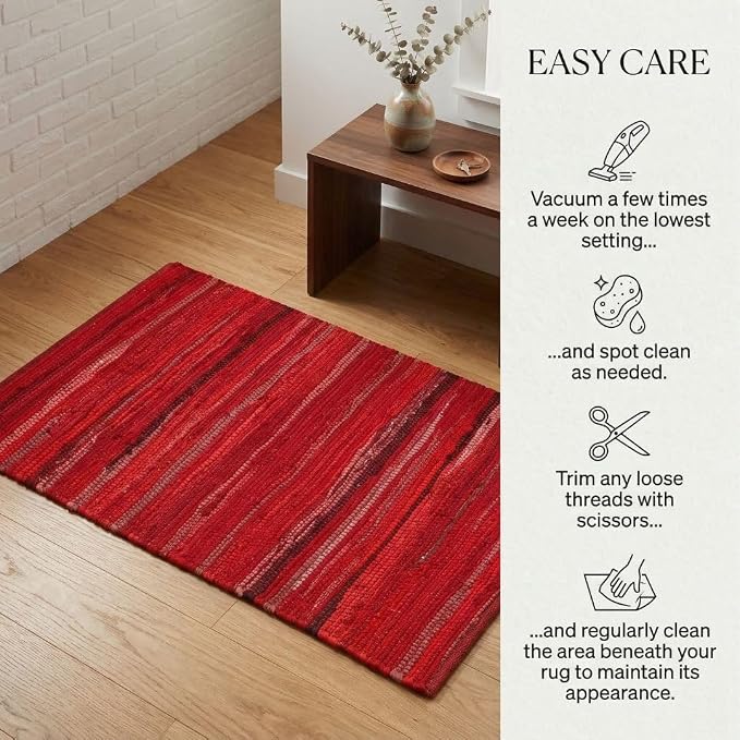 WeWove Hand Woven Chindi Rug Cotton - Boho Rustic Farmhouse Area Accent Throw Rug - Area Floor Carpet for Bedroom Living Room Kitchen Dorm Entryway Hallway - 20x32 inch Area Rug Red Multi