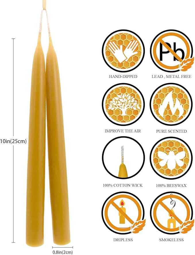 10 inch Natural Beeswax Taper Candles Set of 12, DEYBBY Smokeless and Dripless Organic Natural Beeswax Candles for Home Dinner Decor Emergency Housewarming Gift, 8-9 Hrs Burning, Nontoxic
