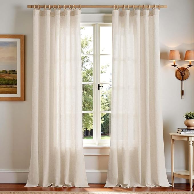jinchan Linen Curtains 120 Inch Length 2 Panels Set Window Curtains for Living Room Bedroom Extra Long 10 Foot Farmhouse Drapes Aesthetic Decor Light Filtering Drapes, Back Tab Linen Natural, 50Wx120L