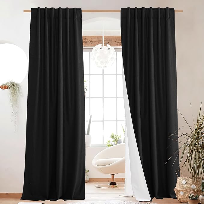 NICETOWN Vintage Rod Pocket Flax Thermal Curtains, 100% Blackout Curtains 84" Long for Dining Room, Soundproof Window Treatment Drapes for Hall Room, Black, 52" Wide Per Panel, Set of 2