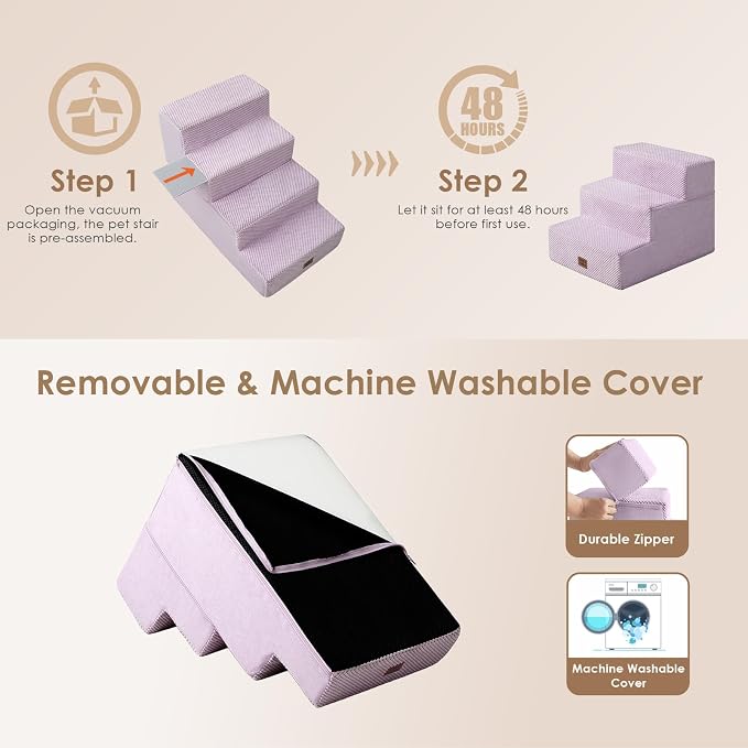 EHEYCIGA Dog Stairs for Small Dogs 13.5" H, 3-Step Dog Steps for Couch Sofa and Chair, Pet Steps for Medium Cats, Non-Slip Balanced Pet Ramp Indoor, Lilac