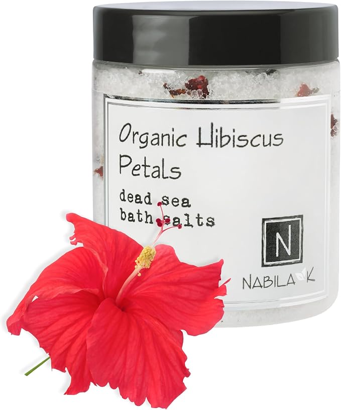 Organic Hibiscus Petals Bath Salts for Women & Men - Dead Sea Salt & Epsom Salt Soak and Scrub - Hibiscus Extract & Natural AHA, Cruelty-Free, Sulfate-Free | 8 oz | Nabila K