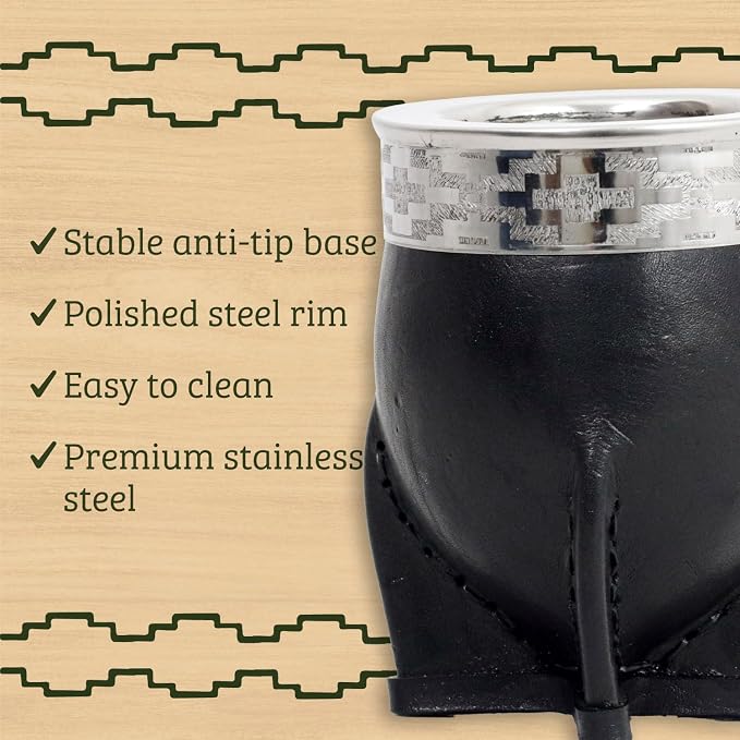 Mate Imperial – Yerba Mate Cup and Bombilla Set | Handmade Argentina Mate Gourd | Stainless Steel Mate Mug for Tea Lovers | Unique Cultural Gift (PAMPA, BLACK)