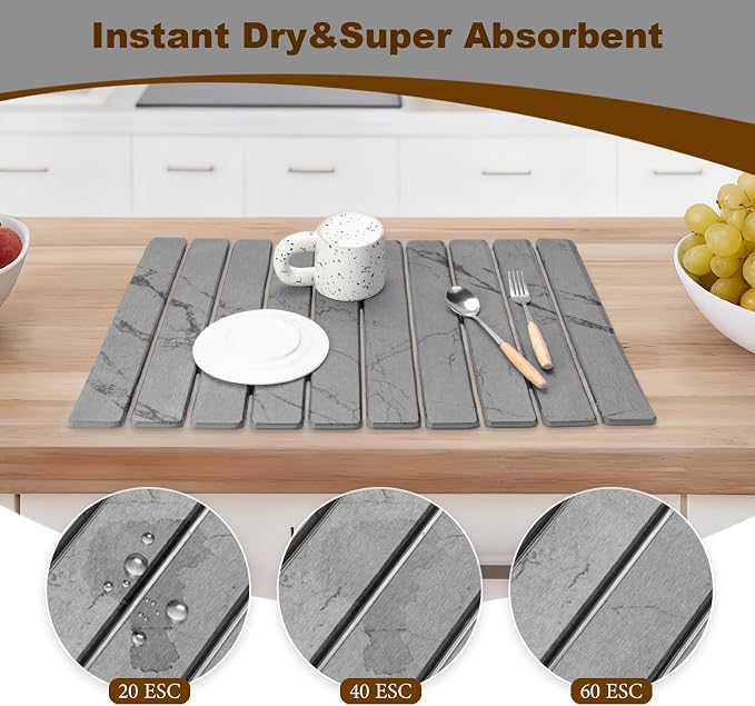 Large Stone Dish Drying Mat for Kitchen Counter ,24×16 inch Marble Diatomaceous Earth Drying Mat ,Foldable Dish Quick Dry Mats ,Multi-purpose Dry Stone Mats for Dishware and Cups