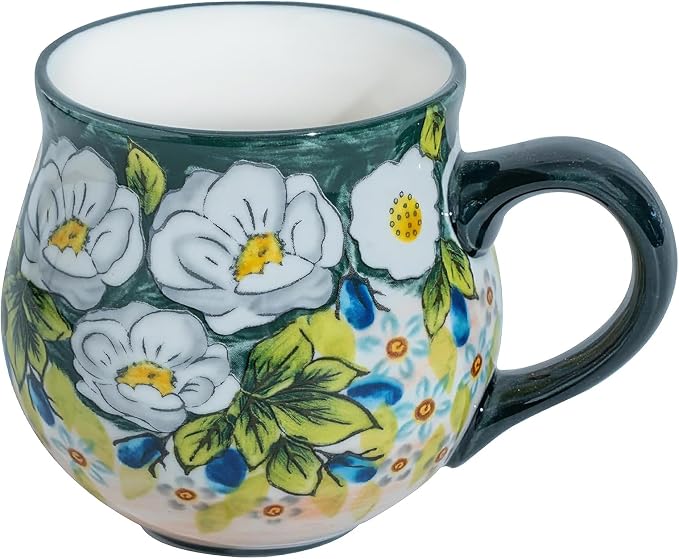 ALMA 12oz Handmade Floral Ceramic Coffee Mug | Microwave & Dishwasher Safe, Dining & Espresso Use, Travel Friendly, Vintage Rustic Lovers, Gift for Daughters