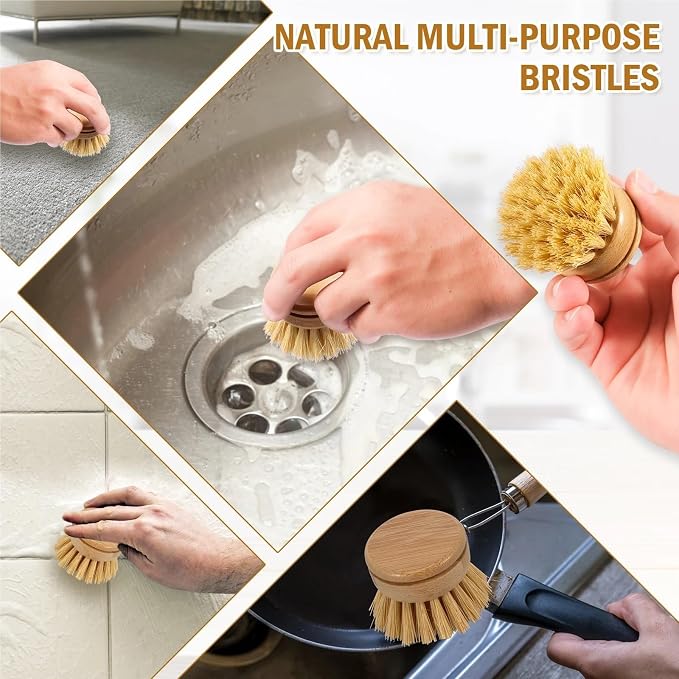 Bamboo Dish Brush Set Wooden Dish Brush with Natural Sisal and Coconut Durable Portable Kitchen Cleaning Brush Eco Friendly Zero Waste(5 Microfiber Cloths)