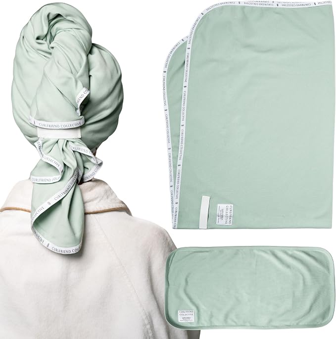 Curlfriend Collective Cotton Cloud T-Shirt Hair Towel Duo – Sage The Day Hair Towel Wrap for Women, XL + Mini Hair Drying Towels for Curly Hair, No-Slip Plopping Towel, Ultra Absorbent Cotton