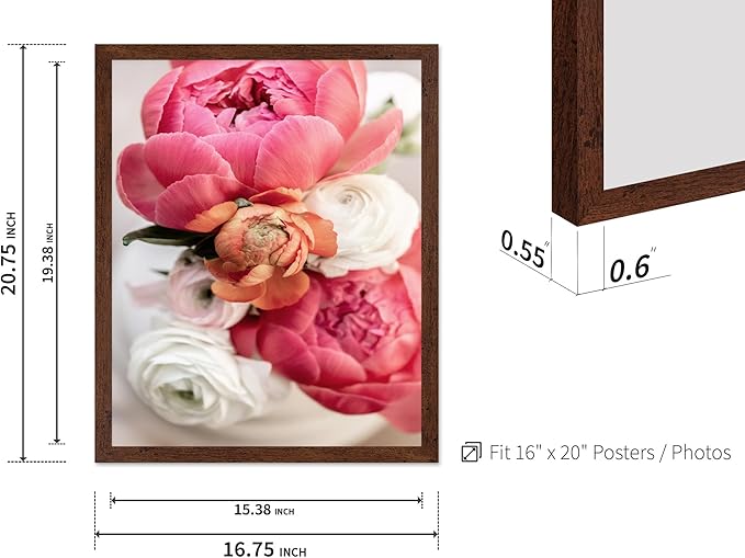 Monem Art Pink Peony Floral Macro Photography Print - Romantic Flower Art Poster - Wall Decor for Living Room, Bedroom or Office - 16x20 Brown Framed Wall Art by Mareike Bohmer