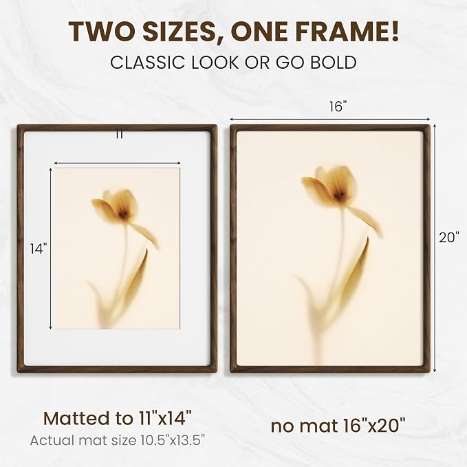 16x20 Picture Frame, USA-Sourced Walnut Wood Frame Wall Mounted, 16x20 Poster Frame with Real Glass, 16 x 20 Picture Frame Matted to 11x14 Photo for Vertical & Horizontal Hanging, 1 Pack