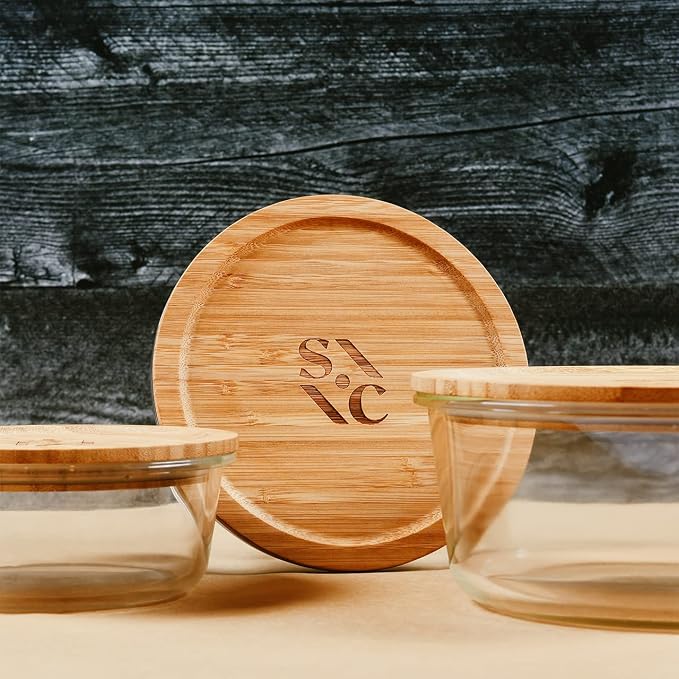 Stone & Clay Food Storage Containers Set - Glass Meal Prep Lunch Boxes with Bamboo Lids - Reusable, Microwavable, and Dishwasher Safe - 3 Round Containers - Small (21oz), Medium (32oz), Large (59oz)