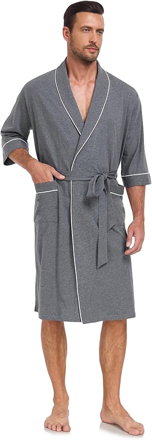COLORFULLEAF 100% Cotton Men’s Summer Bathrobe Lightweight & Breathable Short Sleeve Kimono Robe with Pockets