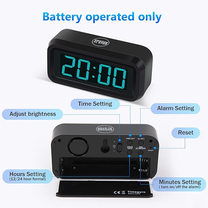 Digital Alarm Clock Battery Operated with LED Display for Bedrooms, Long Battery Life, 3 Brightness Adjustable, 12/24 Hour, Snooze, Black Case with Blue Digits