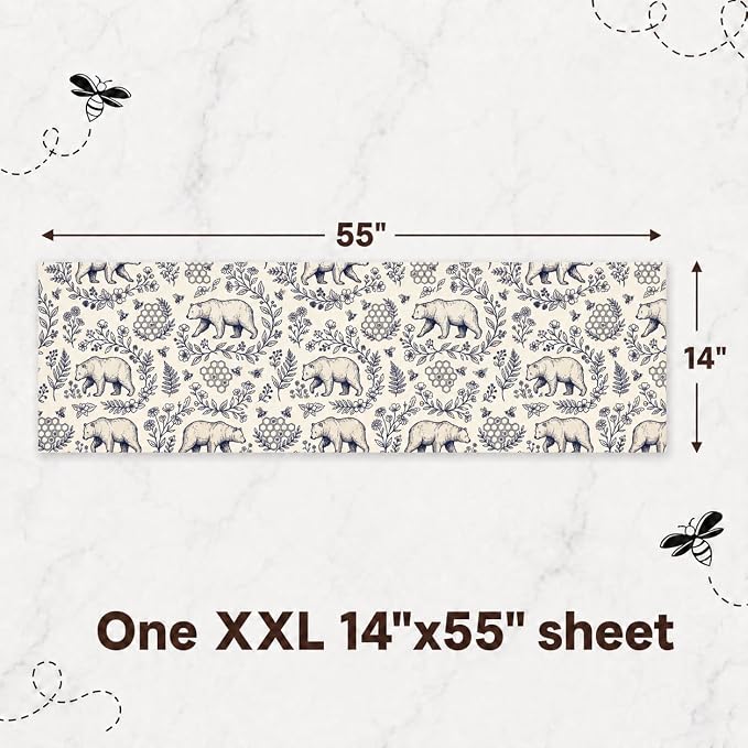 XXL Reusable Beeswax Wraps For Food - 14 x 55 in Roll | Cut to Size Bees Wax Wraps Reusable | Extra Large Beeswax Paper Sheet | Cute Bees Wax Roll for Food Wraps (Blue Bears and Bees)
