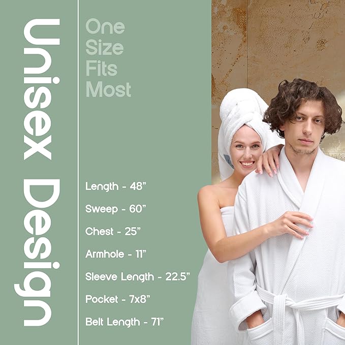 White Classic Waffle Bathrobe for Women, Men, 100% Turkish Cotton, Luxury Terry Interior, Waffle Exterior, One Size Fits Most