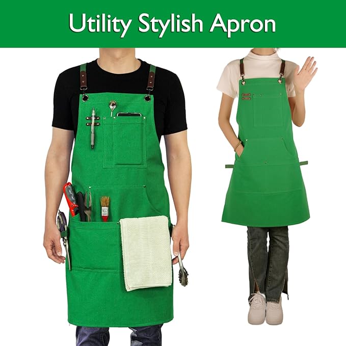 10 Pack Kitchen Aprons, Work Apron, Canvas, Multiple Pockets, Gardening, Painting, BBQ, Artist, Carpenter, Sizes M to XXL, Green