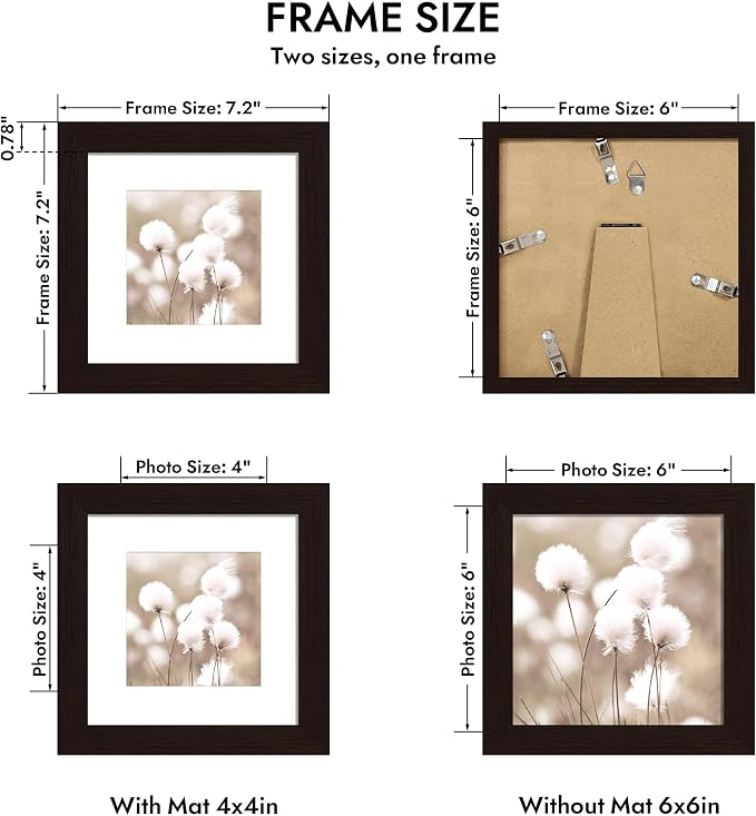 Hongkee 6x6 Oak Wood Picture Frame 1 Pack(Matted 4x4) with Real Glass Cover | Black, 6 x 6 Solid Wood Frame for Wall or Tabletop Display - Includes Easel Back, Vertical Hang - Ideal for Home, Office