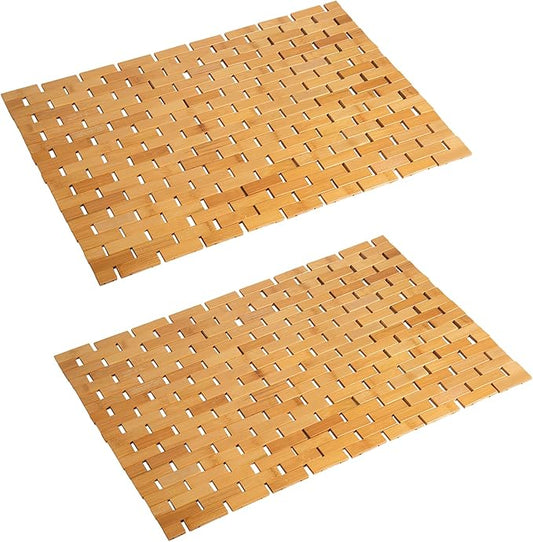 Bambo Bath Mat Bathroom Rugs Floor Wood Shower Bathtub Waterproof Non Slip Natural Accessories 16x24 Inch Easy to Clean, 2 pcs