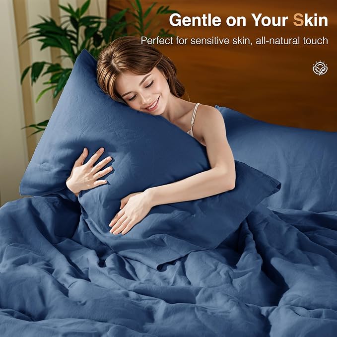 SONORO KATE 100% French Linen Duvet Cover Queen Size, Soft Breathable for Hot Sleepers, Moisture Wicking & Durable Cover Set - Zipper Closure & 4 Corner Ties Duvet Covers 3 Piece (Navy Blue,Queen)