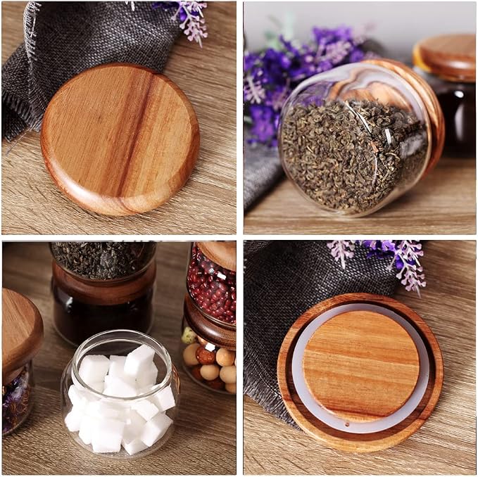 SAIOOL Kitchen Canisters Set of 6-8.5oz Glass Spice Jars With Acacia Airtight Lid and Labels Round Spice Bottles for kitchen Seasoning Baby Food Kids Snacks Meal Prep Containers Candle | Acacia Airtight Lid, Labels Included, Round Spice Bottles, Meal P...