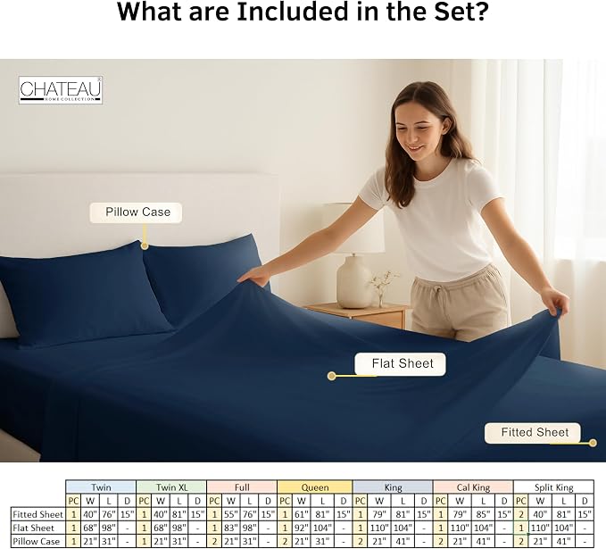 CHATEAU HOME COLLECTION 100% Organic Cotton King Sheets Deep Pocket - 300 TC GOTS Certified King Size Sheets Set Cotton, Soft Breathable Naturally Cool Low Pill Bedsheets- Navy