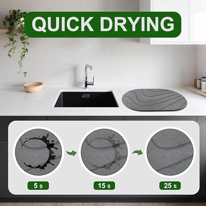 Large Stone Drying Mat for Kitchen Counter, 24"x16" Fast Drying Stone Dish Mat, Oval Diatomaceous Earth Dish Drying Mat, Highly Absorbent Eco-Friendly Kitchen Mat (Gray, Curved Stripes)