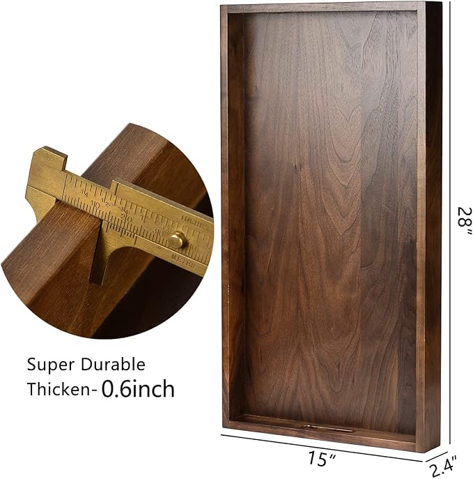 28 x 15 inches Extra Large Wood Trays for Ottoman with Handles FSC Natural Handmade Black Walnut Serving Tray Vintage Decorative Platters for Oversized Ottoman Kitchen