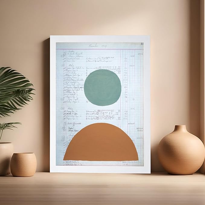 Monem Art Vintage Ledger Abstract Geometric Print - Modernist Teal and Ochre Art Poster - Wall Decor for Office, Living Room or Studio - 16x20 White Framed Wall Art by Renee Stramel