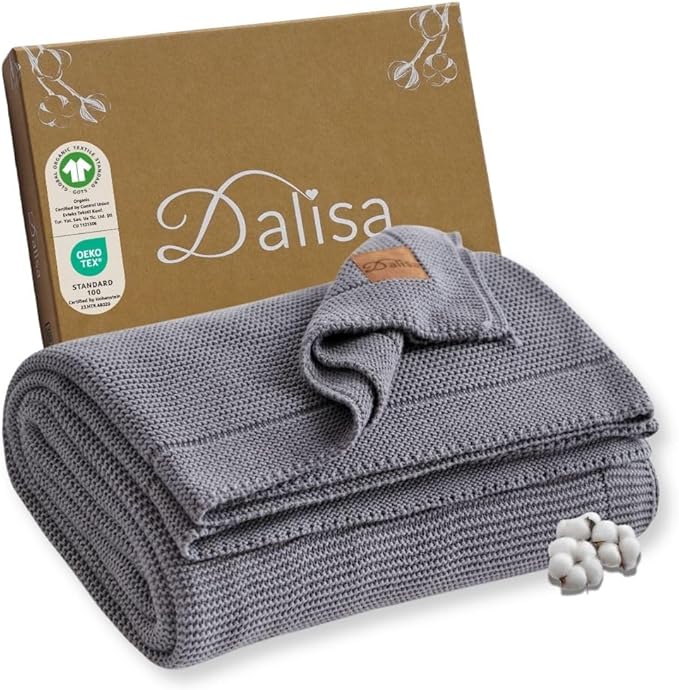 Dalisa 100% Organic Turkish Cotton Throw Blanket - GOTS Certified, Cozy - Perfect for Couch, Bed, and Home Decor - Boho Vintage Knit Alina (Dark Grey, 50x60)