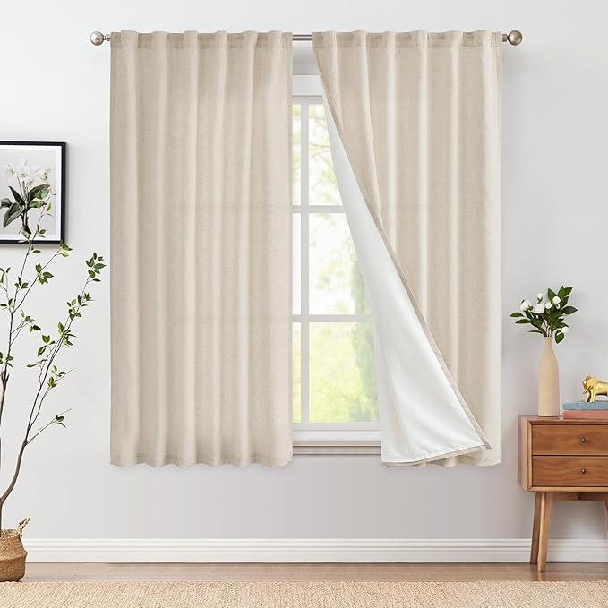 jinchan Beige Linen Curtains with White Privacy Lining Natural Lined Curtains 63 inch Light Filtering Drapes for Living Room Bedroom Neutral Farmhouse Cottage Core Home Office Decor Back Tab 2 Panels