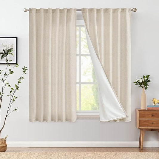 jinchan Beige Linen Curtains with White Privacy Lining Natural Lined Curtains 63 inch Light Filtering Drapes for Living Room Bedroom Neutral Farmhouse Cottage Core Home Office Decor Back Tab 2 Panels