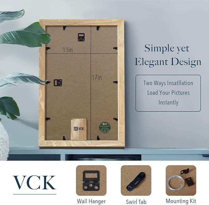 VCK 11x17 Picture Frame Set of 3, Natural Solid Wood Wall Gallery Poster Frame, Exclusive Wood Grain, Beige