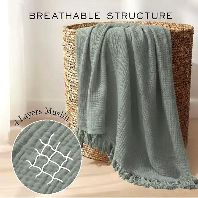 KyraHome Muslin Blankets for Adults, Bed, Couch, 90" x104“ King,100% Organic Cotton Pre-Washed, Breathable Lightweight Gauze Bed Blankets, Bedspread, All Season, Sage Green