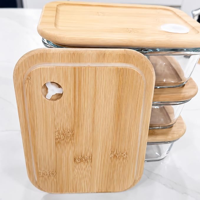 Glass Food Storage Containers with Bamboo Lids, Airtight Meal prep, Free Plastic Food Storage, Eco-Friendly With Elastic Bands and Descartables Wood Utensils (3Pack)