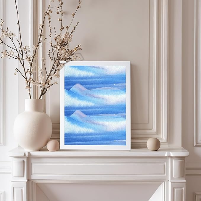 Monem Art Blue Watercolor Abstract Landscape Print - Minimalist Ocean Horizon Art Poster - Wall Decor for Living Room, Bedroom or Office - 12x16 White Framed Wall Art by Rs Lab Studio