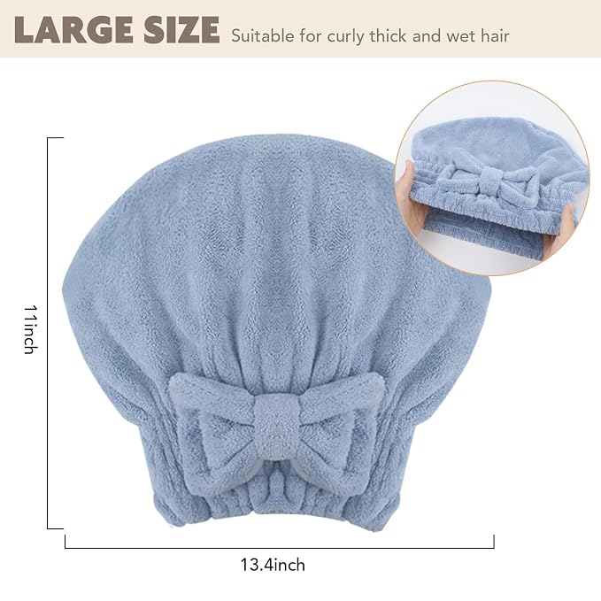 SUNLAND Large Microfiber Hair Drying Caps with Bow Knot Fast Drying Shower Cap Soft and Absorbent hairWrap Hair Turban Bath Caps for Curly Thick and Wet Hair